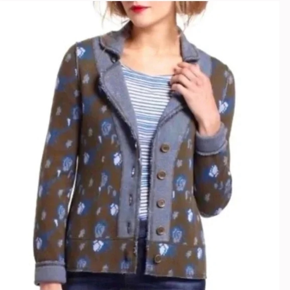 Woven Floral Button-Front Jacket - Olive & Blue